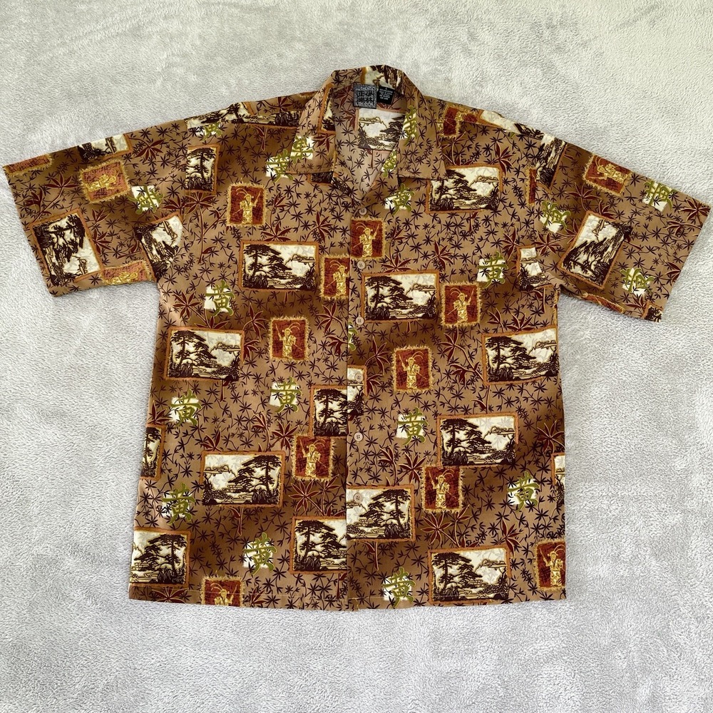 Authentic Shaolin Shirt Mens XL Brown Short Sleeve Button‎ Up Graphic Polyester